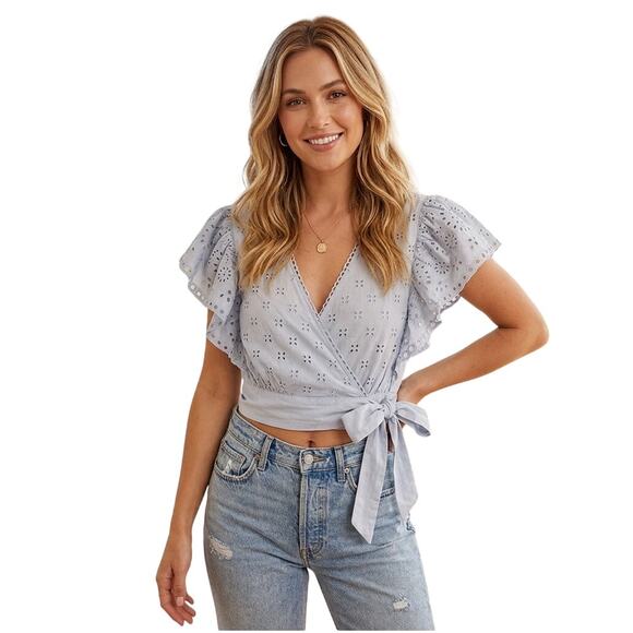 INTERMIX Tops - Intermix Wrap Crop Top Size 4 Blue Surplice Eyelet Ruffle Boho Feminine Romantic